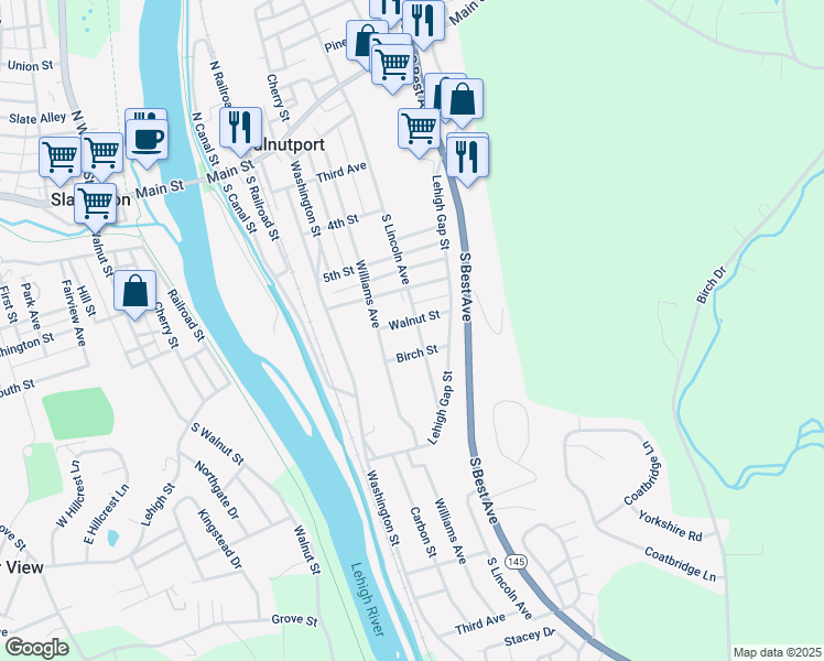 map of restaurants, bars, coffee shops, grocery stores, and more near 628 South Lincoln Avenue in Walnutport