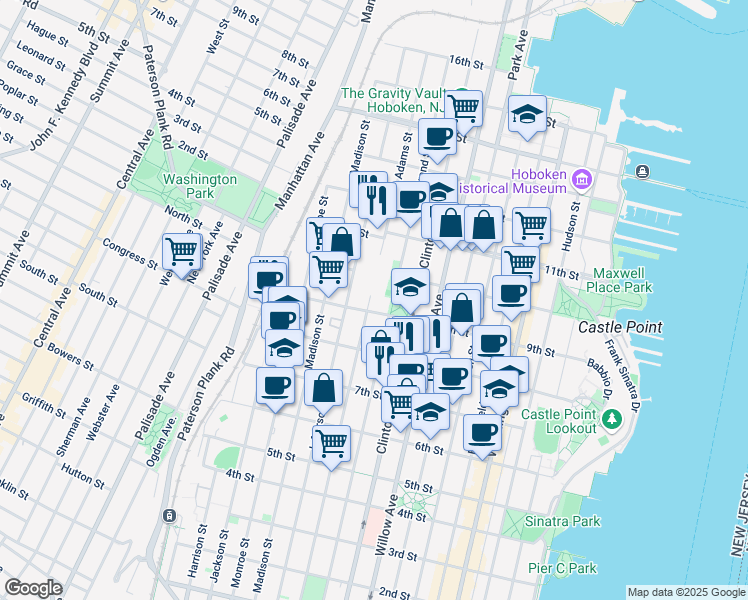 map of restaurants, bars, coffee shops, grocery stores, and more near 400 9th Street in Hoboken