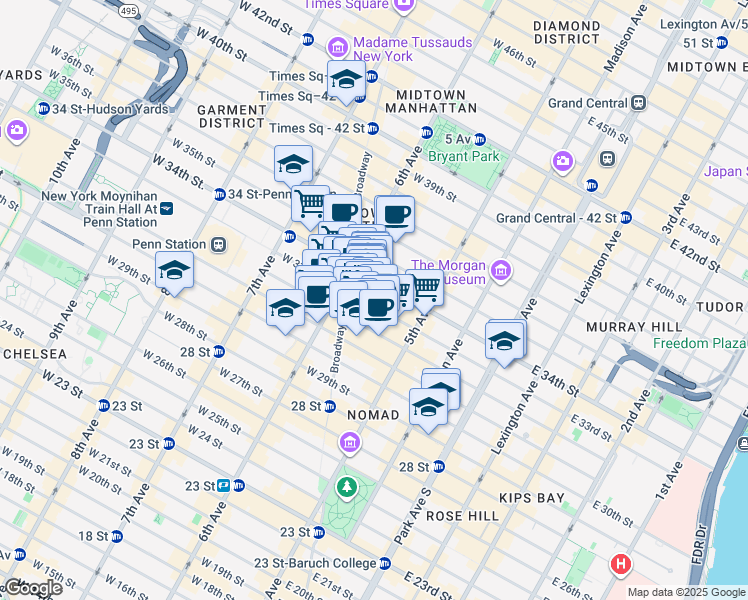 map of restaurants, bars, coffee shops, grocery stores, and more near 1270 Broadway in New York