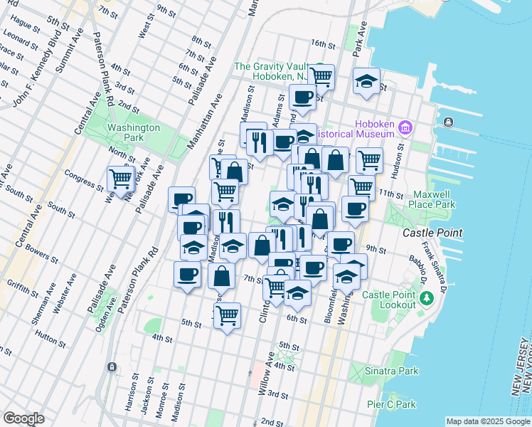 map of restaurants, bars, coffee shops, grocery stores, and more near 400 9th Street in Hoboken