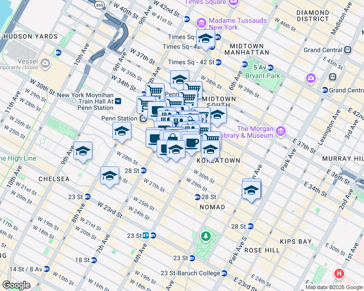 map of restaurants, bars, coffee shops, grocery stores, and more near 125 West 31st Street in New York