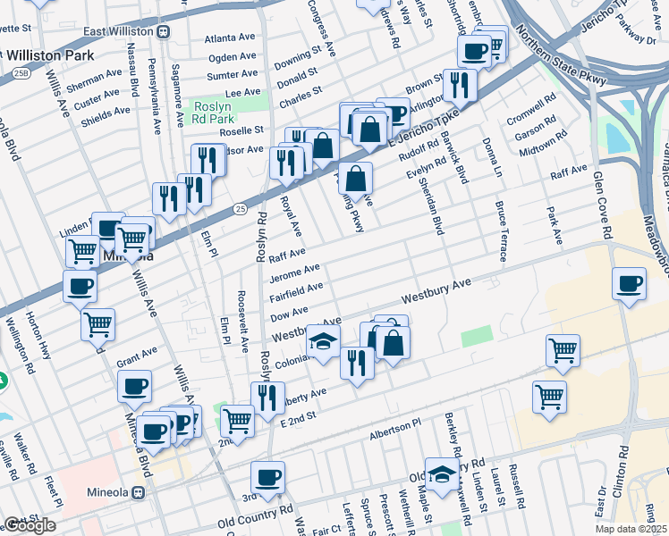 map of restaurants, bars, coffee shops, grocery stores, and more near 91 Jerome Avenue in Mineola