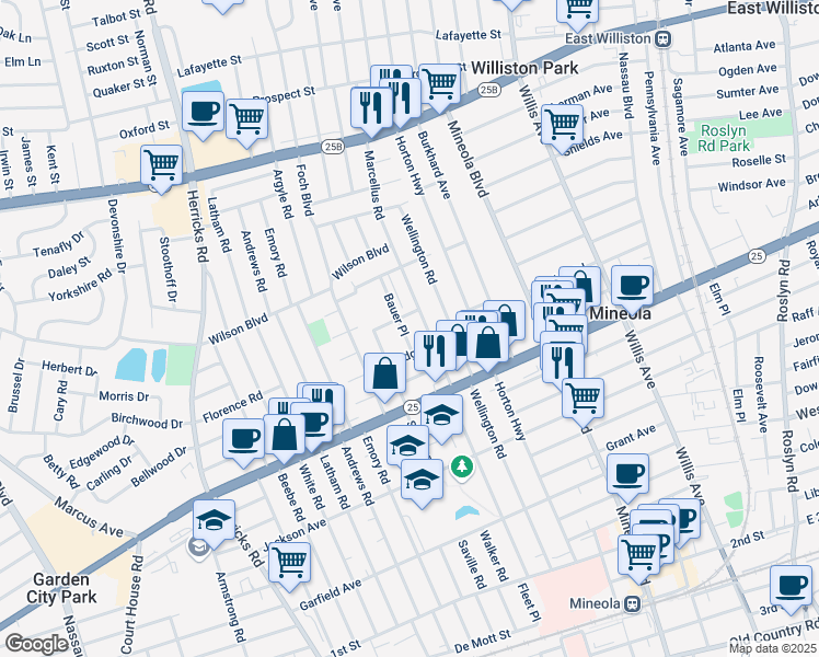 map of restaurants, bars, coffee shops, grocery stores, and more near 375 Bauer Place in Mineola
