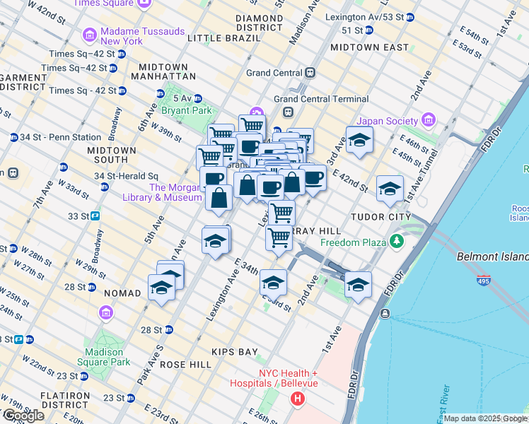 map of restaurants, bars, coffee shops, grocery stores, and more near 105 East 37th Street in New York