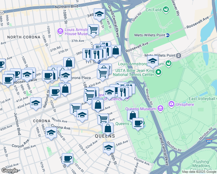 map of restaurants, bars, coffee shops, grocery stores, and more near 111-13 44th Avenue in Queens
