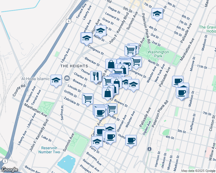 map of restaurants, bars, coffee shops, grocery stores, and more near 29 Thorne Street in Jersey City