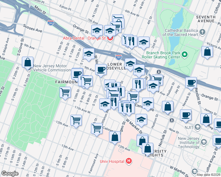 map of restaurants, bars, coffee shops, grocery stores, and more near 33 North 5th Street in Newark