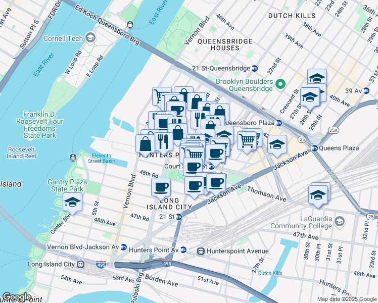 map of restaurants, bars, coffee shops, grocery stores, and more near 11-22 44th Road in Queens