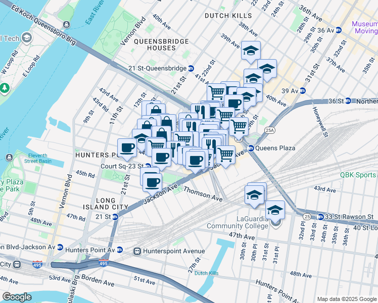 map of restaurants, bars, coffee shops, grocery stores, and more near 43-10 Crescent Street in Queens