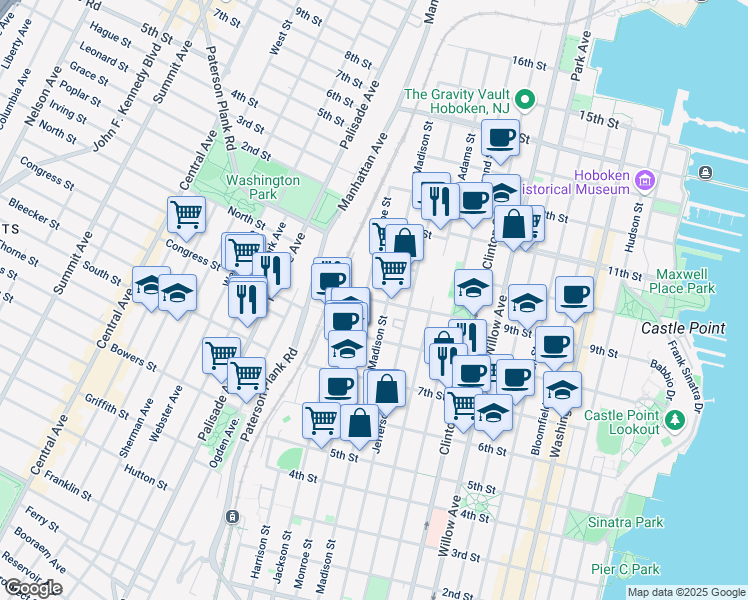 map of restaurants, bars, coffee shops, grocery stores, and more near 552 9th Street in Hoboken