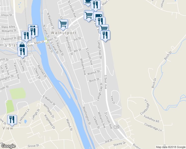 map of restaurants, bars, coffee shops, grocery stores, and more near 628 South Lincoln Avenue in Walnutport