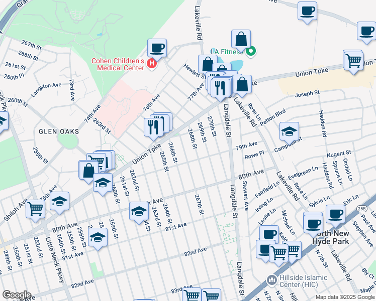 map of restaurants, bars, coffee shops, grocery stores, and more near 78-27 267th Street in Queens