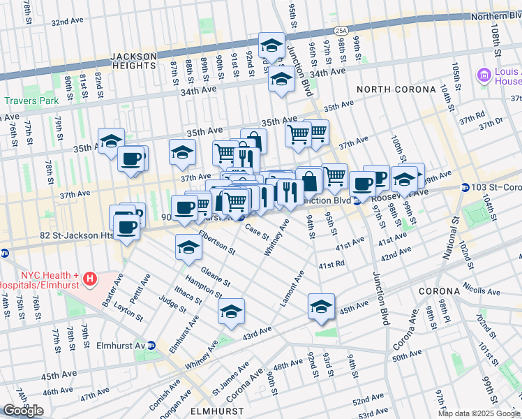 map of restaurants, bars, coffee shops, grocery stores, and more near 37-60 92nd Street in Queens