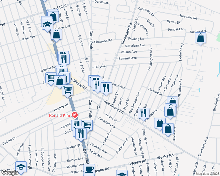 map of restaurants, bars, coffee shops, grocery stores, and more near 165 Commack Road in Deer Park