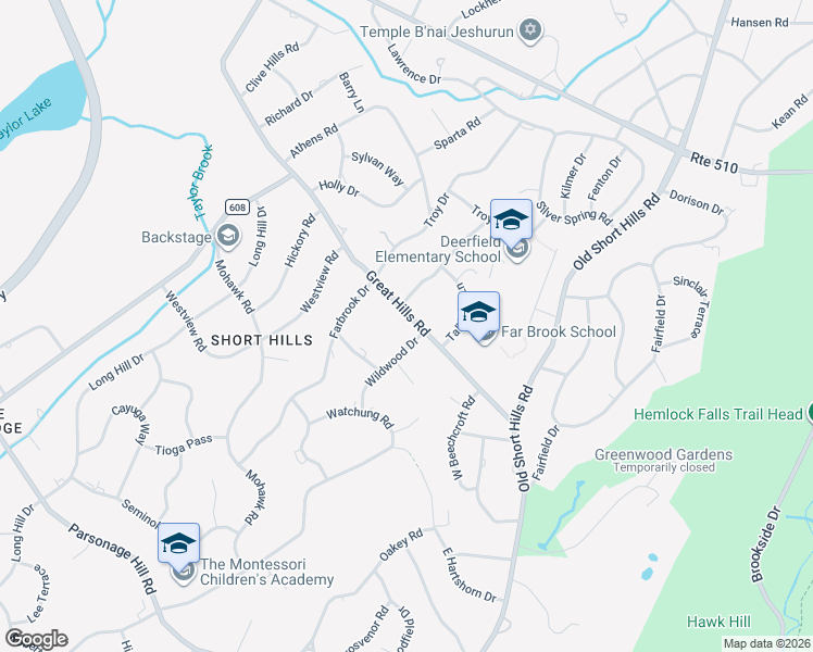 map of restaurants, bars, coffee shops, grocery stores, and more near 67 Great Hills Road in Essex County