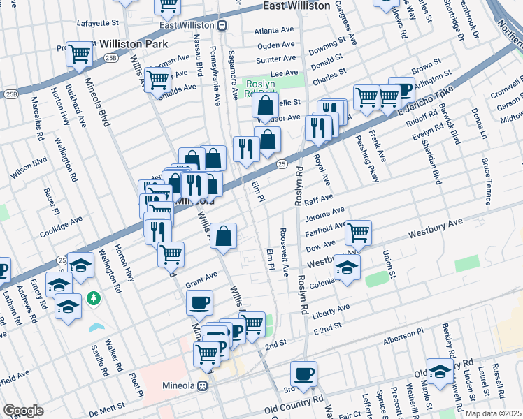 map of restaurants, bars, coffee shops, grocery stores, and more near 244 Elm Place in Mineola