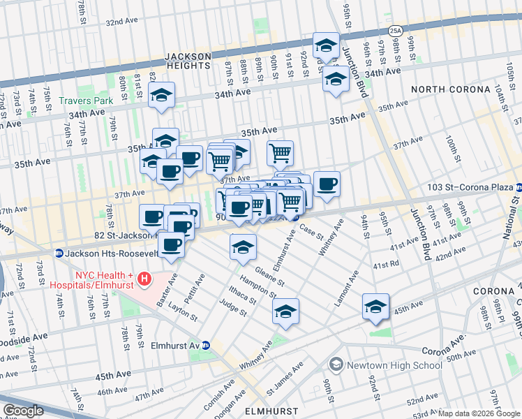 map of restaurants, bars, coffee shops, grocery stores, and more near 37-60 88th Street in Queens