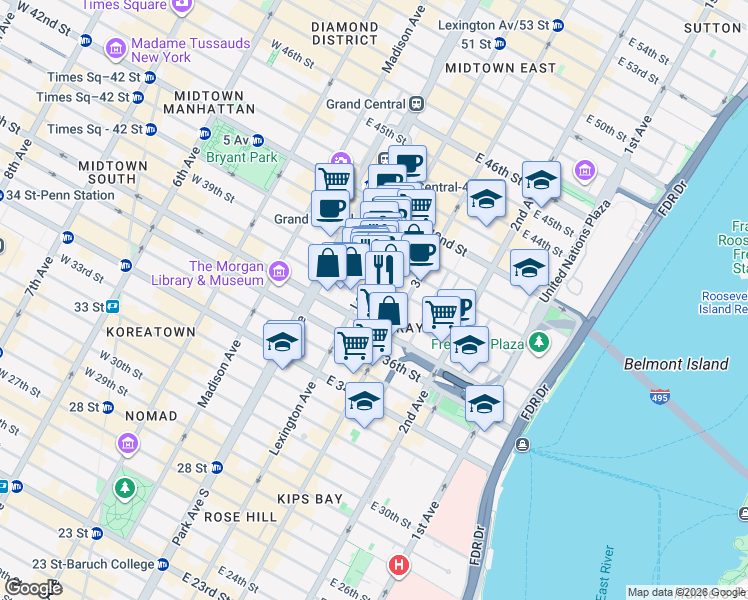 map of restaurants, bars, coffee shops, grocery stores, and more near in New York