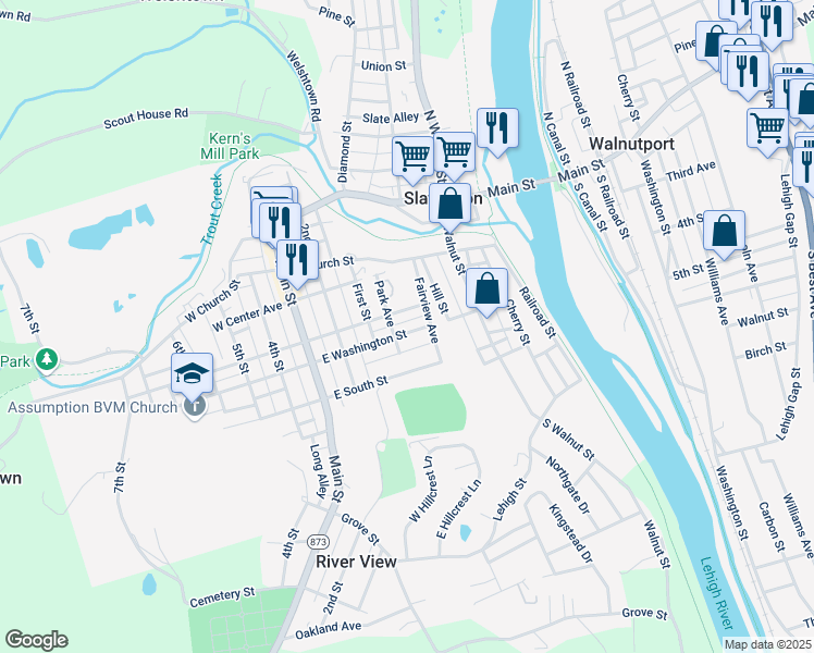 map of restaurants, bars, coffee shops, grocery stores, and more near 420 East Franklin Street in Slatington