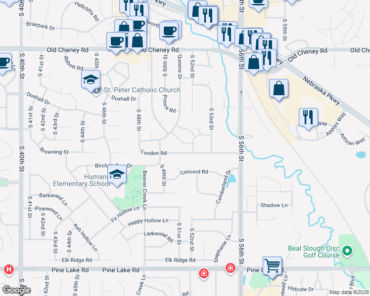 map of restaurants, bars, coffee shops, grocery stores, and more near 5100 London Road in Lincoln