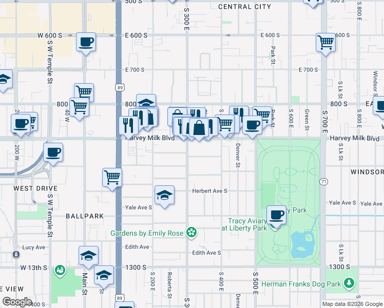 map of restaurants, bars, coffee shops, grocery stores, and more near 931 South 300 East in Salt Lake City