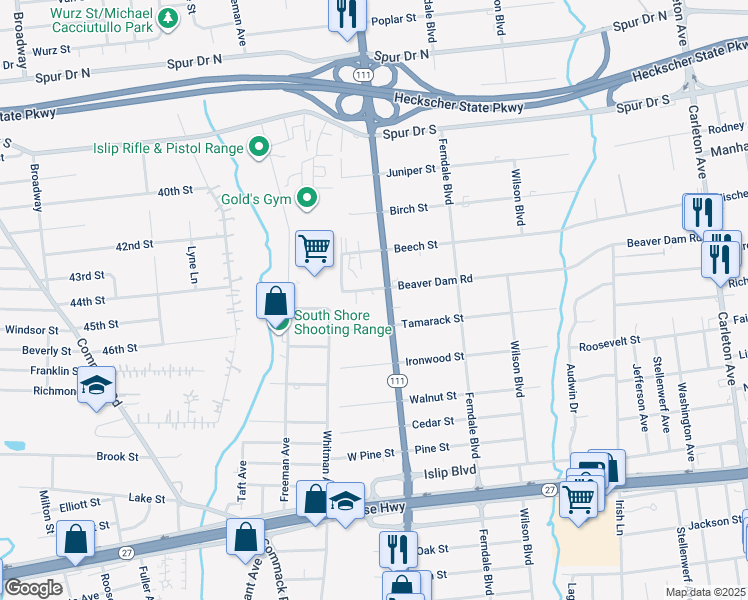 map of restaurants, bars, coffee shops, grocery stores, and more near 8 Beaver Dam Road in Islip