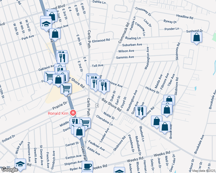 map of restaurants, bars, coffee shops, grocery stores, and more near 165 Commack Road in Deer Park