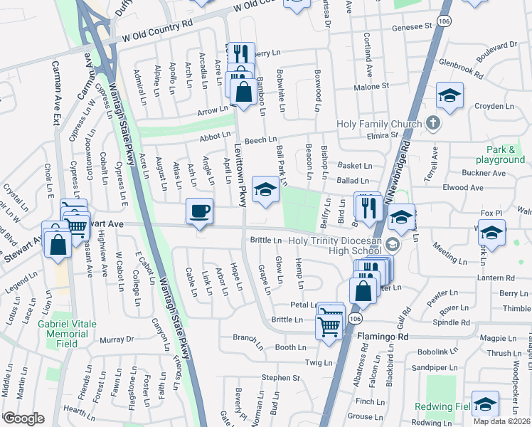 map of restaurants, bars, coffee shops, grocery stores, and more near 50 Stewart Avenue in Hicksville