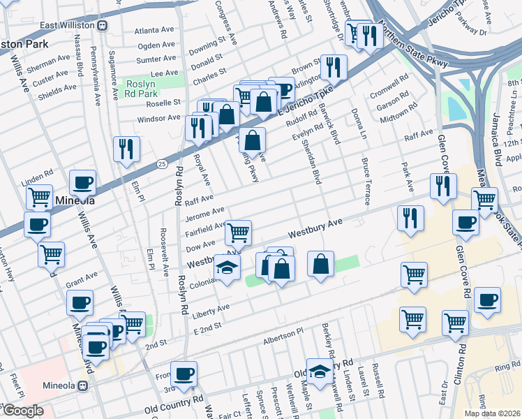 map of restaurants, bars, coffee shops, grocery stores, and more near 130 Fairfield Avenue in Mineola