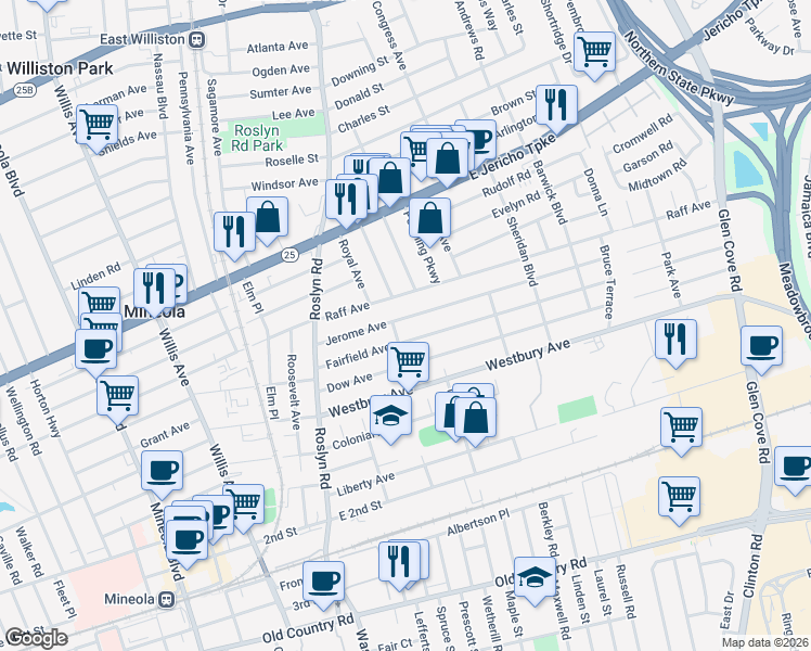 map of restaurants, bars, coffee shops, grocery stores, and more near 91 Jerome Avenue in Mineola