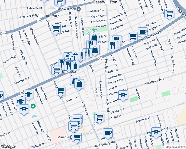 map of restaurants, bars, coffee shops, grocery stores, and more near 244 Elm Place in Mineola