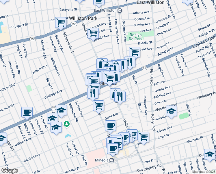 map of restaurants, bars, coffee shops, grocery stores, and more near in Mineola