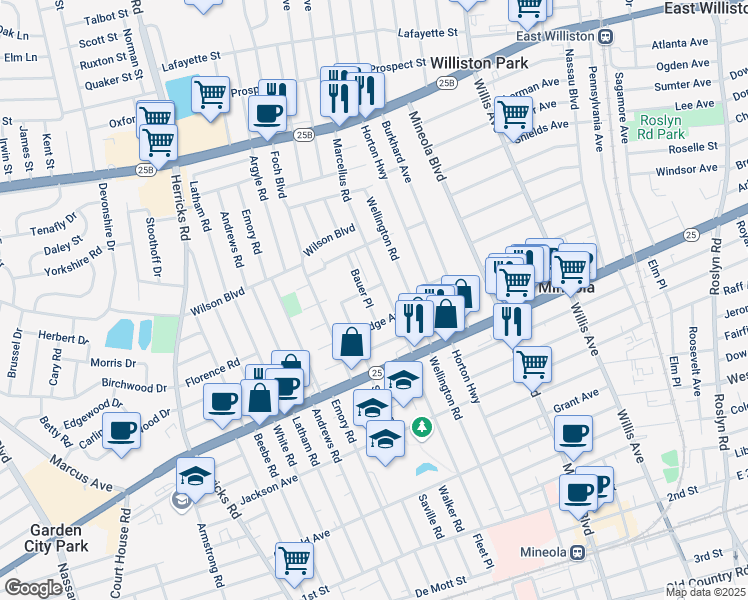map of restaurants, bars, coffee shops, grocery stores, and more near 375 Bauer Place in Mineola