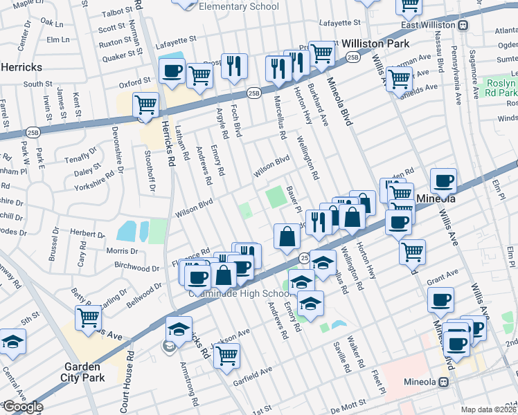 map of restaurants, bars, coffee shops, grocery stores, and more near 364 Foch Boulevard in Mineola