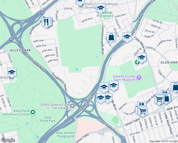 map of restaurants, bars, coffee shops, grocery stores, and more near 243-28 72nd Avenue in Queens