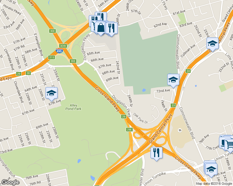 map of restaurants, bars, coffee shops, grocery stores, and more near 71-12 242nd Street in Queens