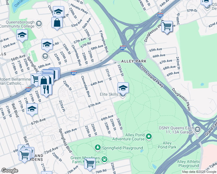 map of restaurants, bars, coffee shops, grocery stores, and more near 67-14 230th Street in Queens