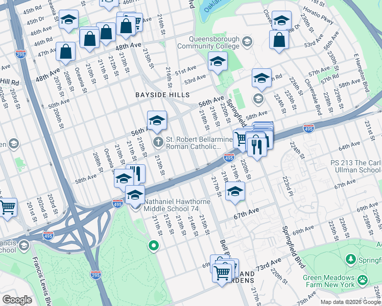 map of restaurants, bars, coffee shops, grocery stores, and more near 58-12 Bell Boulevard in Queens