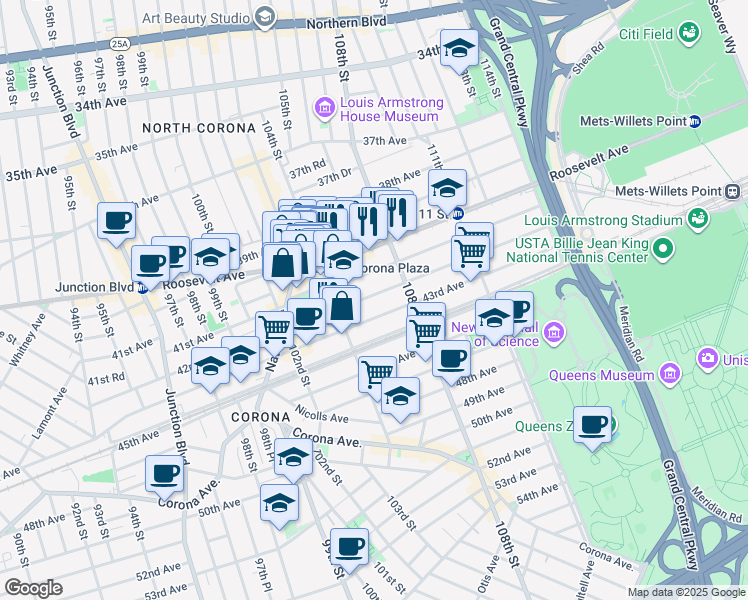map of restaurants, bars, coffee shops, grocery stores, and more near 104-31 42nd Avenue in Queens