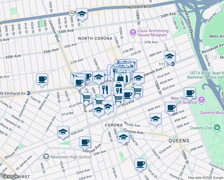 map of restaurants, bars, coffee shops, grocery stores, and more near 100-06 40th Road in Queens