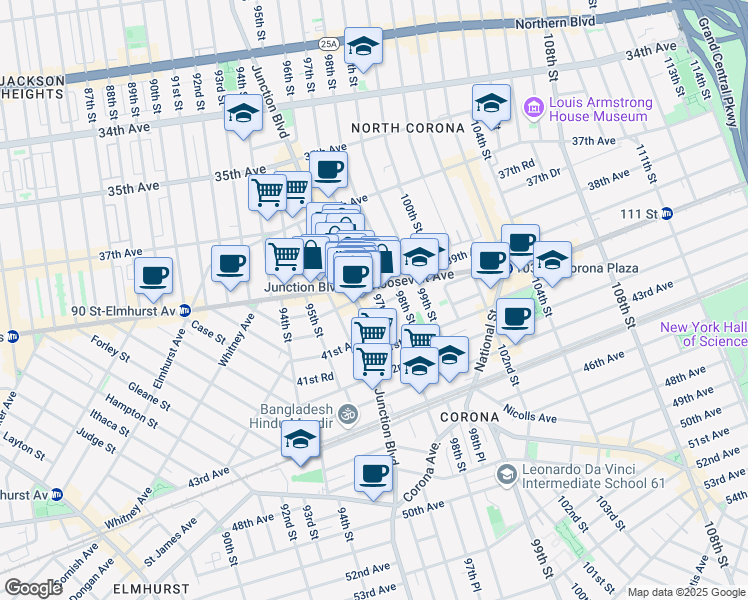 map of restaurants, bars, coffee shops, grocery stores, and more near 95-50 Roosevelt Avenue in Queens