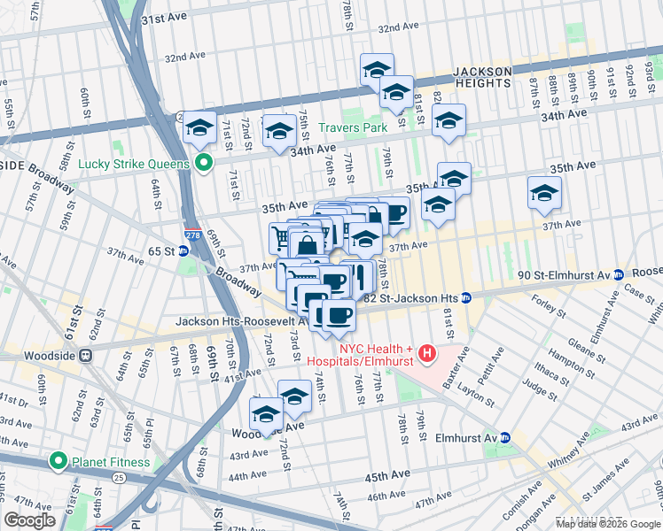 map of restaurants, bars, coffee shops, grocery stores, and more near in Queens