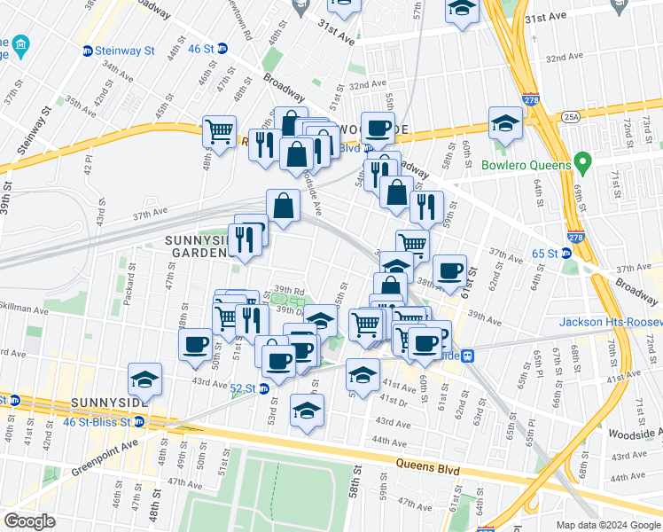 map of restaurants, bars, coffee shops, grocery stores, and more near 53-1 39th Avenue in Queens