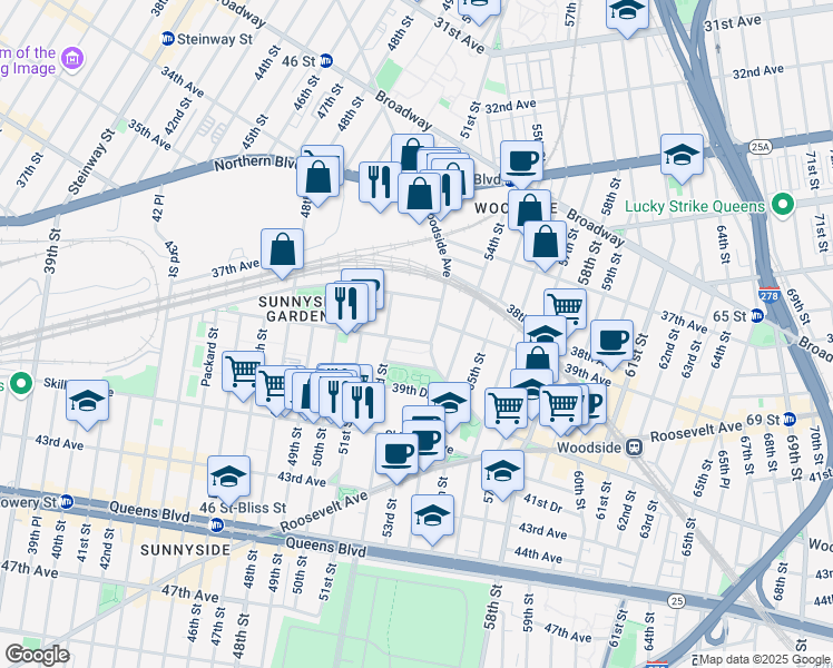 map of restaurants, bars, coffee shops, grocery stores, and more near 52-17 39th Avenue in Queens
