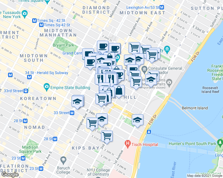 map of restaurants, bars, coffee shops, grocery stores, and more near in New York