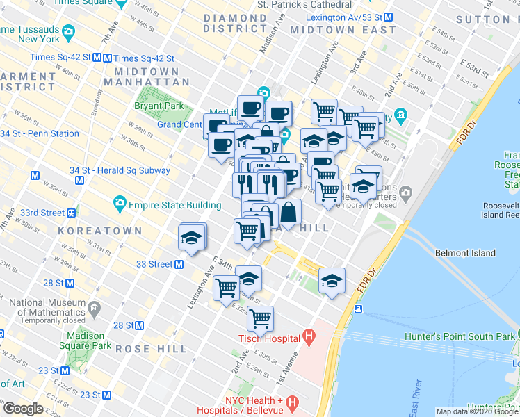 map of restaurants, bars, coffee shops, grocery stores, and more near in New York