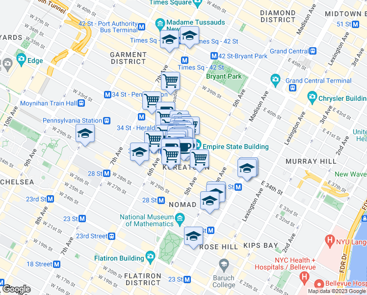 map of restaurants, bars, coffee shops, grocery stores, and more near 151 West 34th Street in New York