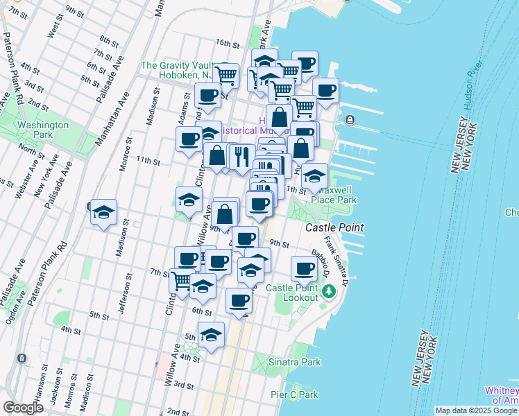 map of restaurants, bars, coffee shops, grocery stores, and more near in Hoboken