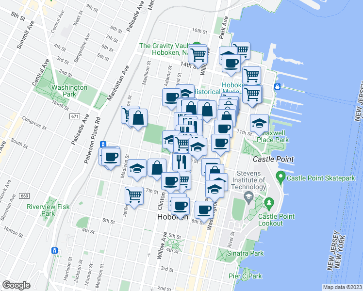 map of restaurants, bars, coffee shops, grocery stores, and more near 933 Willow Avenue in Hoboken