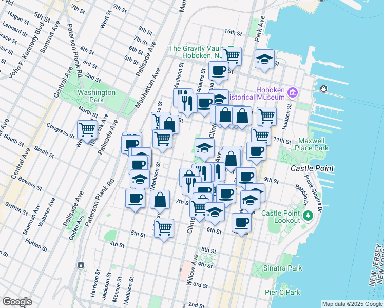 map of restaurants, bars, coffee shops, grocery stores, and more near 400 9th Street in Hoboken